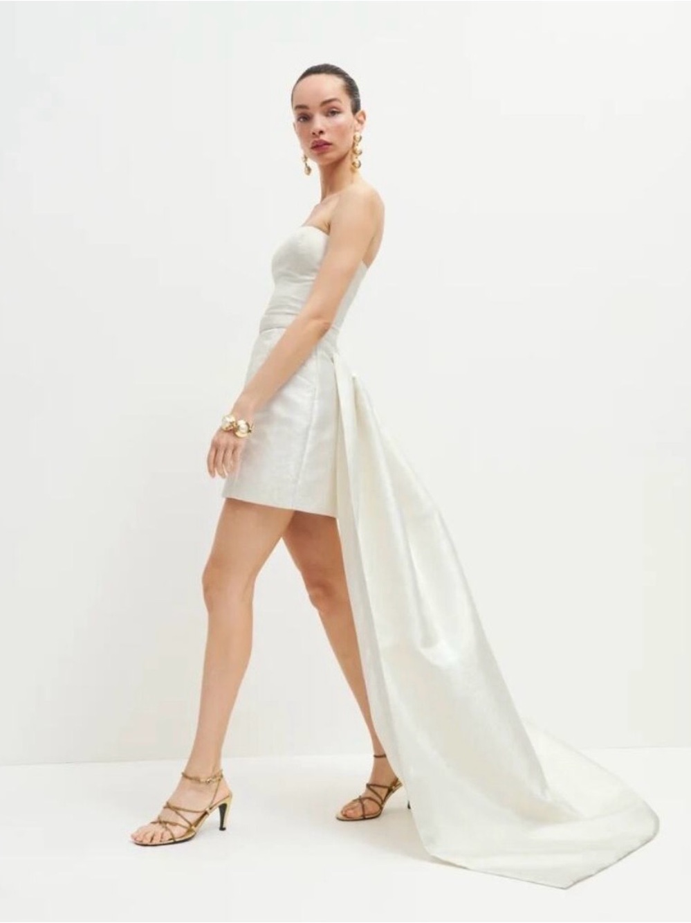 Strapless White Mini Dress with Dramatic Train
